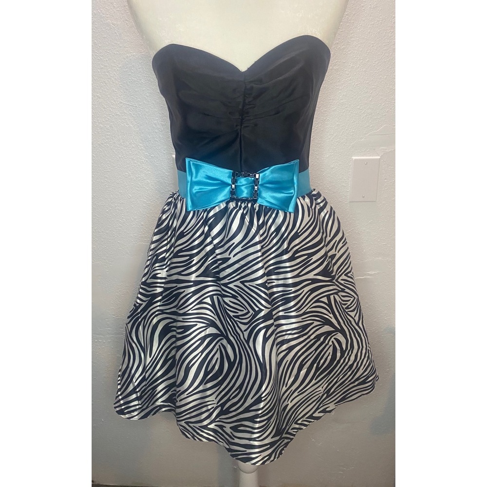 Jessica McClintock Gunne Sax Dress Women 7 Black Zebra Turquoise Y2K Bow